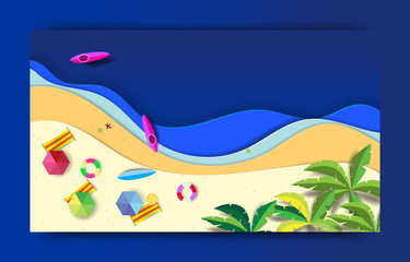 Summer beach background with umbrellas,balls,swim ring,,surfboard, hat,starfish and sea. aerial view of summer beach in paper cut and craft style.
