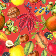 Seamless autumn pattern of fruits,nuts,leaves