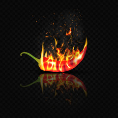 Red bitter pepper is embraced by fire on a black background and reflected in the glossy surface of the table.