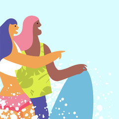 Group surfers walking on the beach. Happy young people leisure at the seaside in the summer