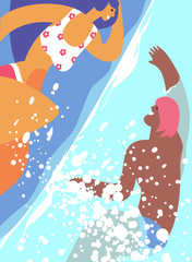 Couple young people swim in the sea, pool or on a tropical beach. Concept trip to the seaside, rest sea travel, holiday and summer leisure