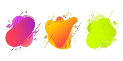 Set of abstract flowing liquid shapes for trendy vibrant color design. Halftone patterns, fluid color overlap gradient background. Template design for logo, poster, flyer or presentation.