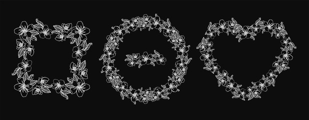 floral design element wreath from cherry flowers, isolated on black background. stock vector illustration.