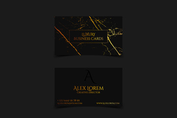 Luxury business card with marble texture and gold detail vector template, banner or invitation with golden foil on black background. Branding and identity graphic design.
