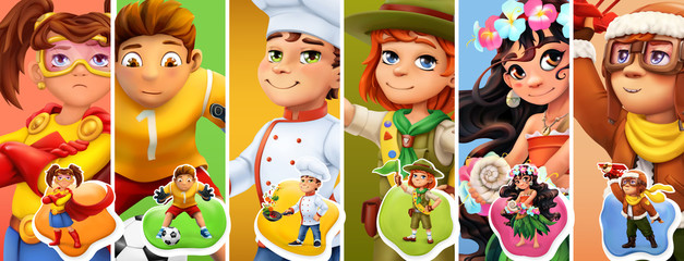 Little children in costumes. Superhero, football player, cook, scout, pilot. 3d vector icon set