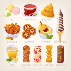 Set of fresh tasty sweet desserts from asian cuisines. Variety of snacks. Vector illustrations.
