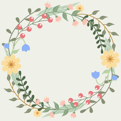Cute card template with a wreath of different branches with leaves, berries and flowers. Patel colours. Green background. Flat style vector illustration. Vector.