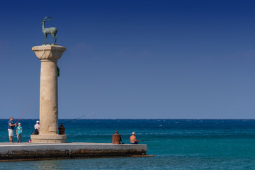 Rhodos, Greece - August 2016: Hirschkuh statue in the place of the Colossus of Rhodes at the...