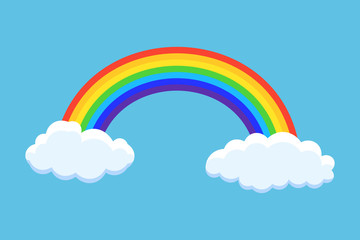 Rainbow with clouds vector illustration isolated on blue background