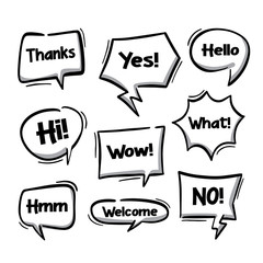 Hand draw balloon speech bubbles set with short messages