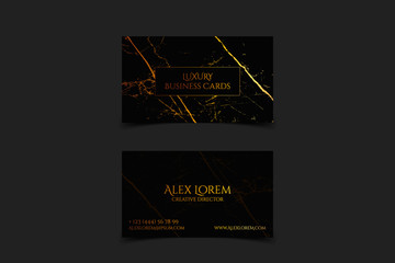 Luxury black business card with marble texture and gold detail vector template, banner or invitation with golden foil on black background. Branding and identity graphic design.