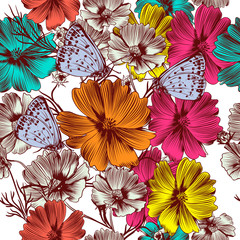 Floral vector pattern with pink cosmos and blue butterflies