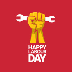 Happy labour day vector label with strong orange fist on red background. labor day background or banner with man hand. may day poster