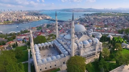 Mystique Suleymaniye Mosque from the sky, aerial view of Istanbul city, Golden Horn, Turkey. - Powered by Adobe