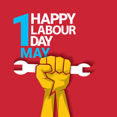 Happy labour day vector label with strong orange fist on red background. labor day background or banner with man hand. may day poster