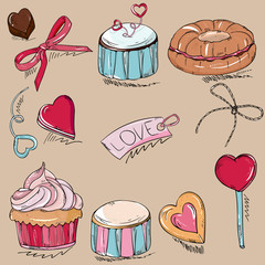 Valentine's Day is a large set of traditional elements for design. Cake with cream, cake, biscuits. sweet hearts, bow. Hand drawing.Vector template for greeting cards, posters,party invitations.