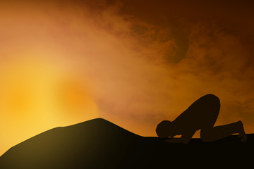 silhouette of Muslim men who are prostrate for forgiveness to Allah SWT