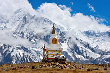 Buddhist stupa and Himalayas landscape