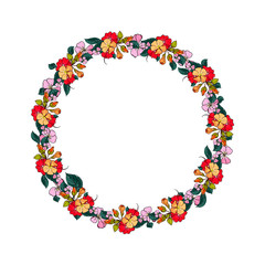 Hand drawing isolated floral wreath, round frame with  leaves, branches and flowers geranium and balsam. Wedding, greeting card, spring, love, romantic.  Beautiful. Easter, Valentines day, borthday.sk