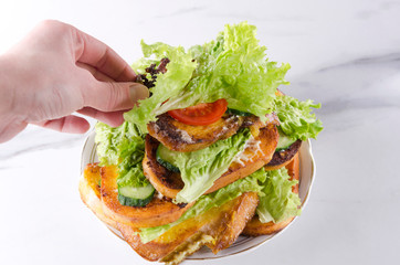 Yummy vegetarian toasts.Woman hand taking some sandwich with fresh vegetables