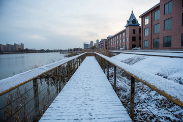 Fototapeta premium Winter Snow Covered Trestle Road of Urban Parks