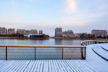 Winter Snow Covered Trestle Road of Urban Parks