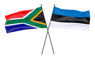 South Africa and Estonia, two crossed flags isolated on white background. 3d image