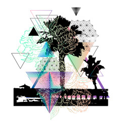 Summer placard poster. Silhouette of palm tree with geometric shapes. Graphic art