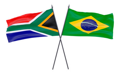 South Africa and Brazil, two crossed flags isolated on white background. 3d image