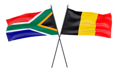 South Africa and Belgium, two crossed flags isolated on white background. 3d image