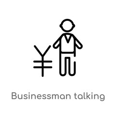 outline businessman talking about yen vector icon. isolated black simple line element illustration from people concept. editable vector stroke businessman talking about yen icon on white background