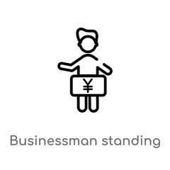 outline businessman standing with yen vector icon. isolated black simple line element illustration from people concept. editable vector stroke businessman standing with yen icon on white background