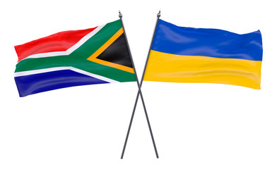 South Africa and Ukraine, two crossed flags isolated on white background. 3d image