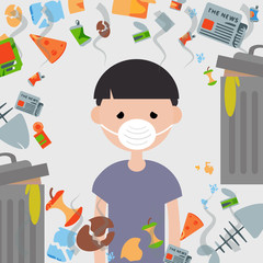 Garbage pollution.The stench.Young character wearing a protective face mask .Flat cartoon design