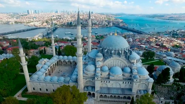 Mystique Suleymaniye Mosque from the sky, aerial view of Istanbul city, Golden Horn, Turkey.