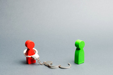 A man is bound by handcuffs standing near a free person. Exemption from debt or physical slavery....