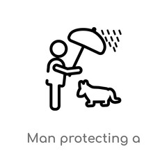 outline man protecting a dog with an umbrella vector icon. isolated black simple line element illustration from people concept. editable vector stroke man protecting a dog with an umbrella icon on