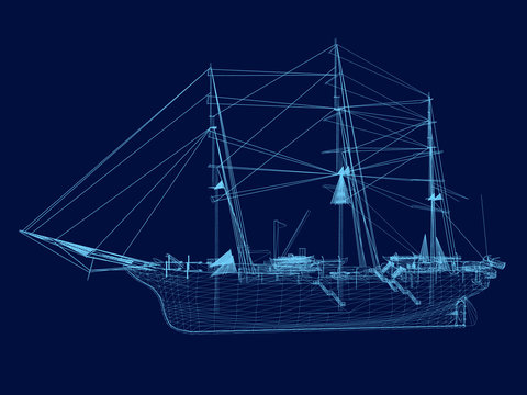Wrieframe of an old sailing ship. Side view. Vector illustration