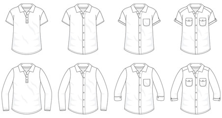 Set of Shirts Button up Blouses fashion stylish t-shirt polo collection template, fill in the blank vest tops various styles short and long sleeve with pocket and collar outline