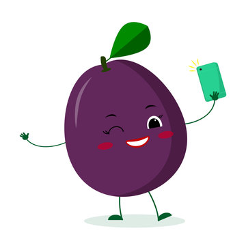 Kawaii cute purple plum fruit cartoon character with a smartphone and does selfie. Logo, template, design. Vector illustration, a flat style