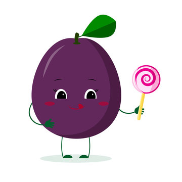 Kawaii cute plum purple fruit cartoon character with lollipop. Logo, template, design. Vector illustration, a flat style