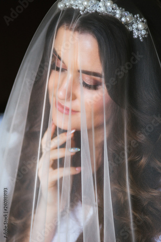 Beautiful Young Bride With Wedding Makeup And Hairstyle In Bedroom
