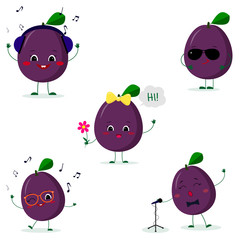 Fototapeta premium A set of five Kawaii cute plum purple fruit in a cartoon style. In headphones, in sunglasses, dancing in glasses , with a flower, singing into the microphone. Flat, Vector illustration