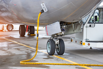 View of the front rack of the chassis, connected to the aircraft after the arrival at the airport...