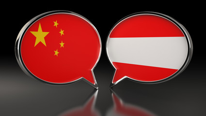 China and Austria flags with Speech Bubbles. 3D Illustration