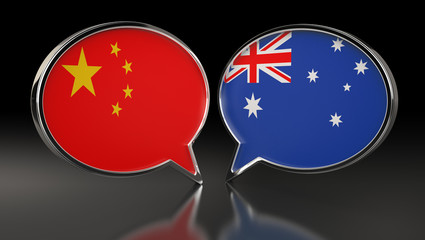 China and Australia flags with Speech Bubbles. 3D Illustration