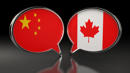 China and Canada flags with Speech Bubbles. 3D Illustration
