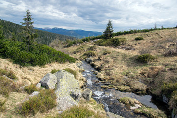 Beautiful nature place called Labska bouda, amazing scenery, nature in early spring, snow and greenery