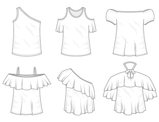 Isolated off the shoulder tops object of clothes and fashion stylish wear fill in blank. Set of clothing t shirts and vector illustration. One shoulder, ruffles, with bow and straps with sleeves