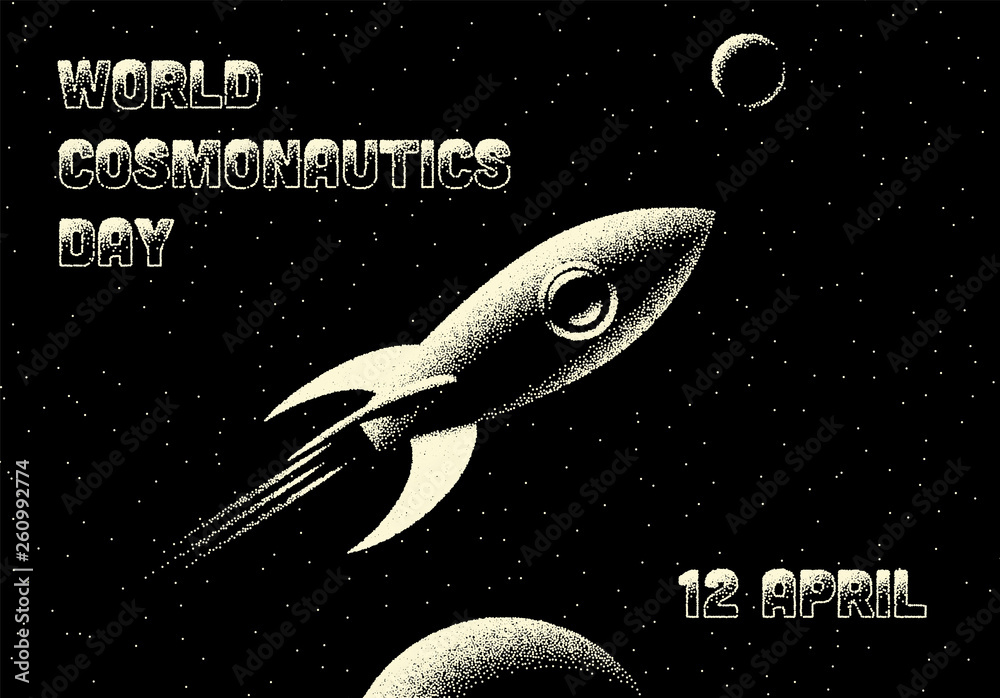 Poster space landscape with scenic view on planet, rocket and stars made with retro styled dotwork